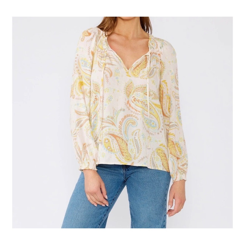 Lovestitch Paisley Gold Metallic Tie  Blouse Pink Yellow Boho Top New dainty Flo